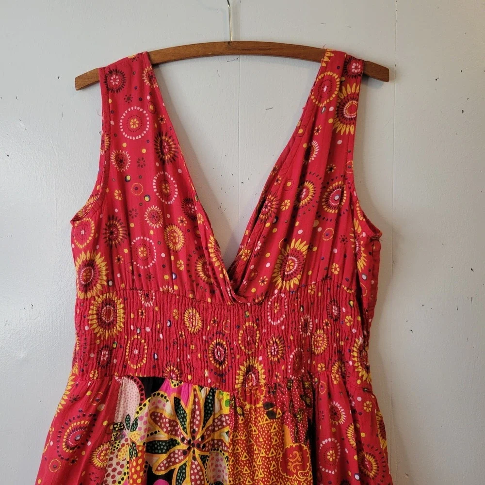 Jane Ashley Red Patchwork Floral Cotton Smocked Midi Dress XL Boho V-Neck - Picture 5 of 12